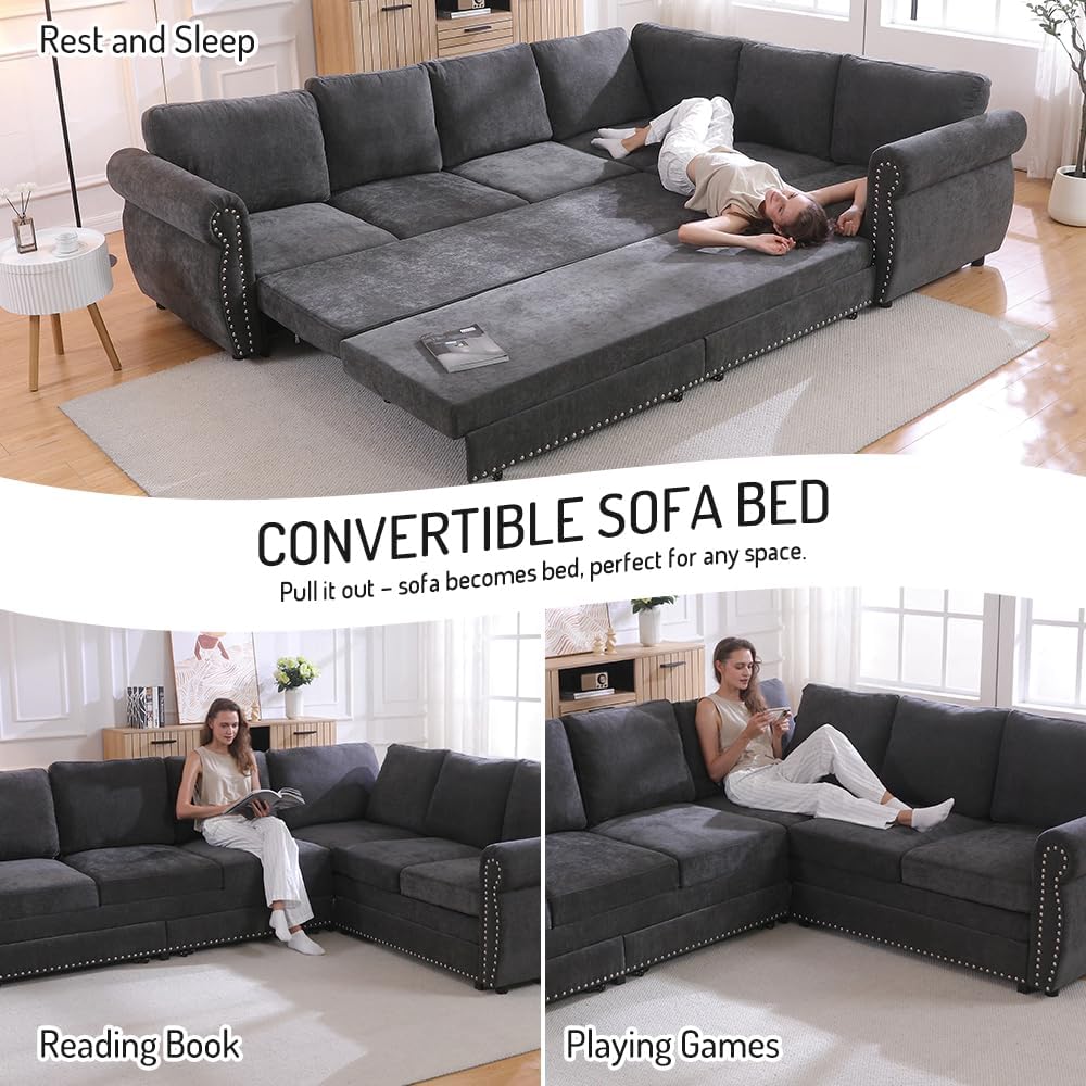 118'' Sleeper Sofa Bed with Pull Out Couch Bed, Chenille L Shaped Sectional Sofa with Nailhead Trim & Rolled Arm, 6 Seater Corner Sectional Couches for Living Room Furniture, Dark Grey