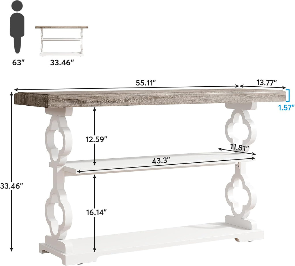 Tribesigns Farmhouse Console Table, 55 inch Long Sofa Table with Storage Shelves, 3 Tier Wood Accent Entry Table for Hallway, Entrance, Living Room, Foyer, Grey and White