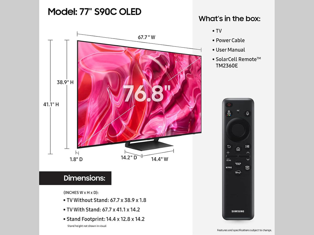 SAMSUNG 77-Inch Class OLED 4K S90C Series Quantum HDR, Dolby Atmos Object Tracking Sound Lite, Ultra Thin, Q-Symphony 3.0, Gaming Hub, Smart TV with Alexa Built-in (QN77S90C, 2023 Model)