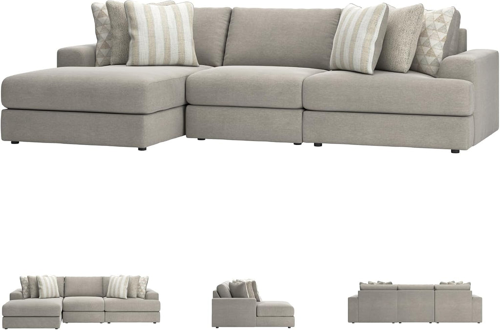 Signature Design by Ashley Avaliyah Casual L-Shaped 3-Piece Sectional with Chaise with Reversible Cushions and 6 Accent Pillows, Light Gray