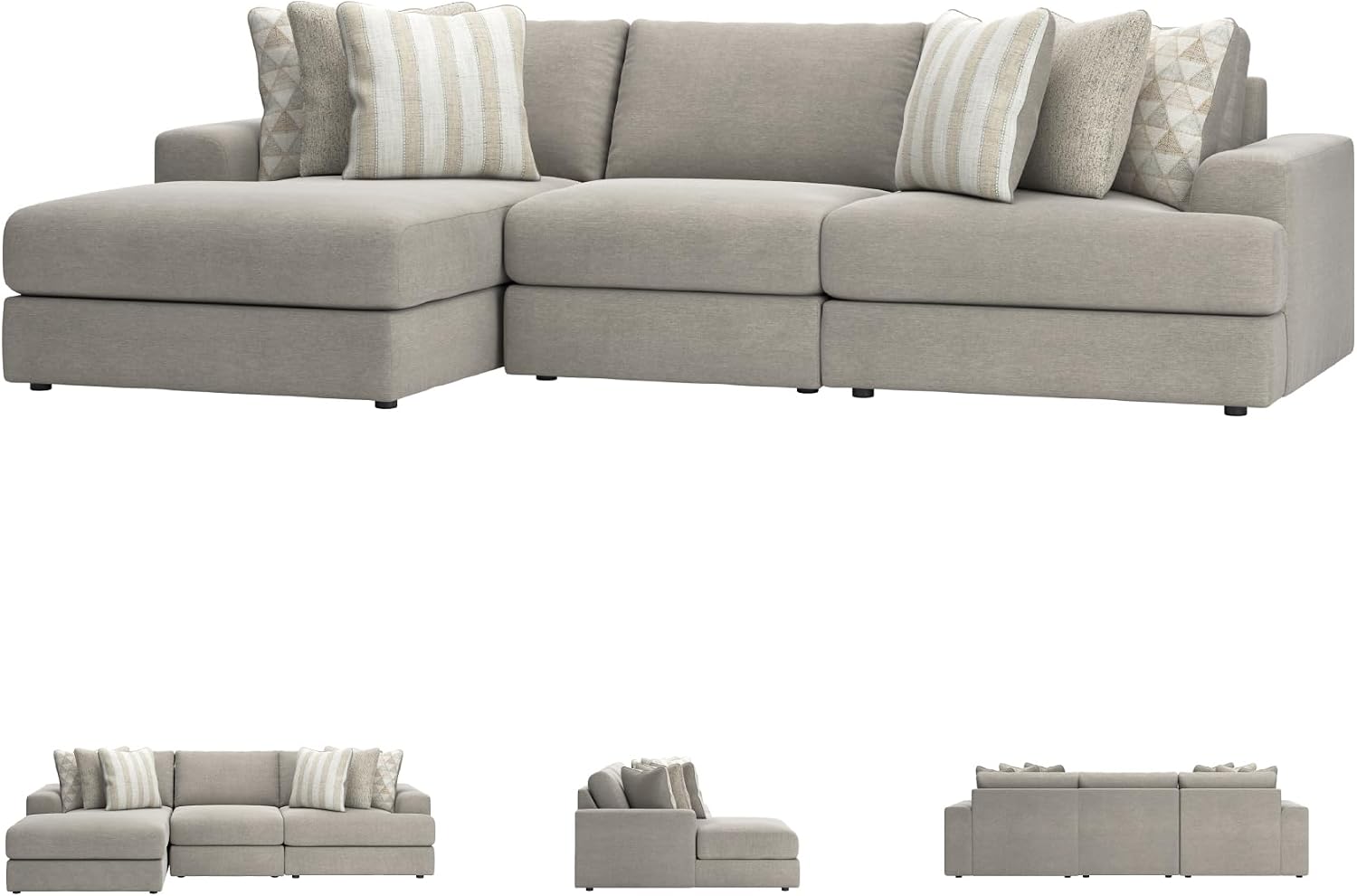 Signature Design by Ashley Avaliyah Casual L-Shaped 3-Piece Sectional with Chaise with Reversible Cushions and 6 Accent Pillows, Light Gray