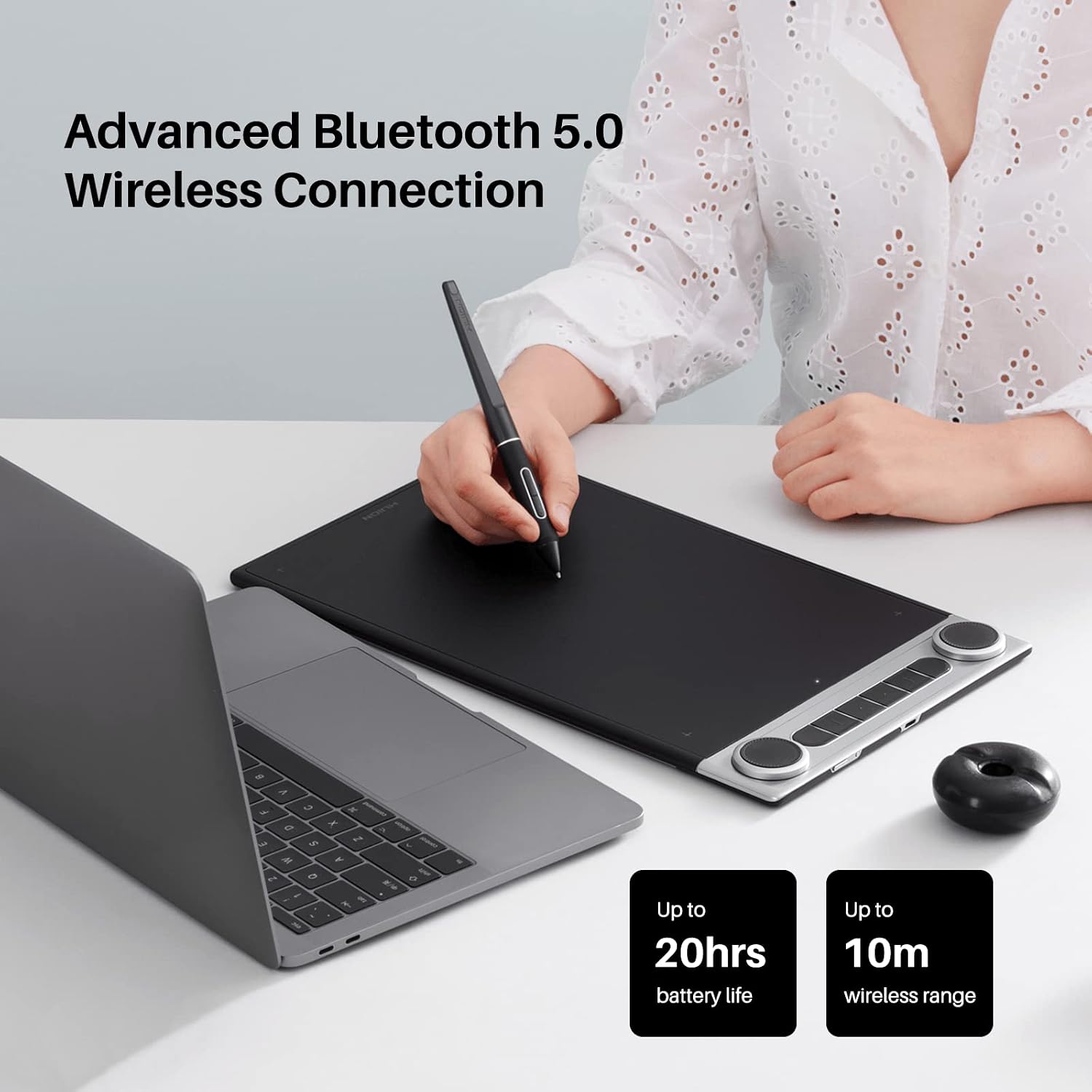 HUION Inspiroy Dial 2 10.5 x 6.56inch Bluetooth Wireless Graphics Drawing Tablet with Dual Dials Battery-Free Stylus for Digital Art and Graphics Design, Compatible with Mac, Windows, Linux, Android