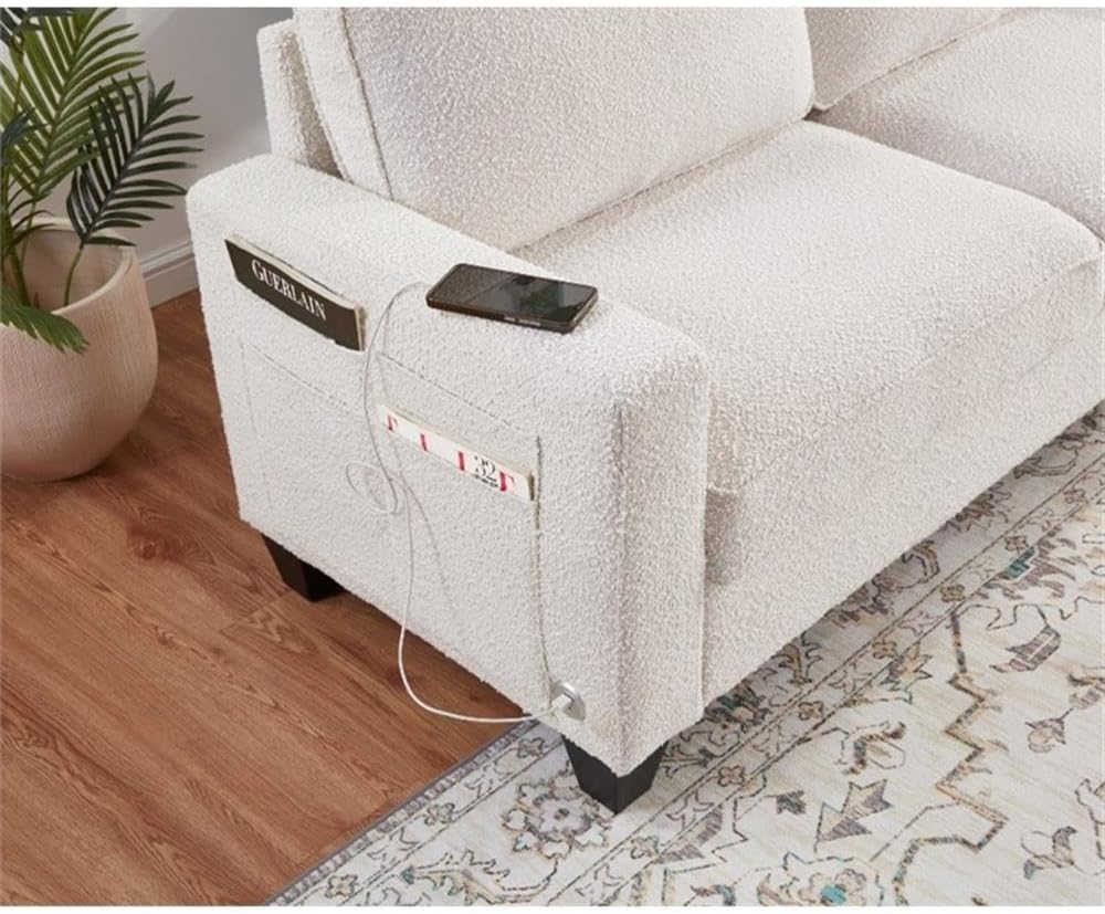 BOWERY HILL Transitional 72.5' W Boucle Fabric Sofa with Built-in USB Charging Port and Functional Side Pockets in Beige