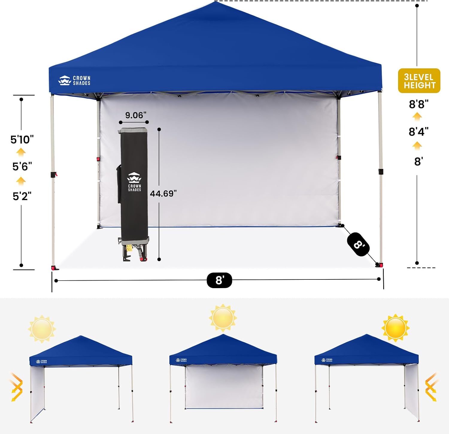 CROWN SHADES Pop Up Canopy with 1 Side Wall - Beach Tent with One Push Setup - Outdoor Sun Shade for Events, Parties, Camping - Gazebo with STO-N-Go Cover Bag, Navy Blue, 8x8FT
