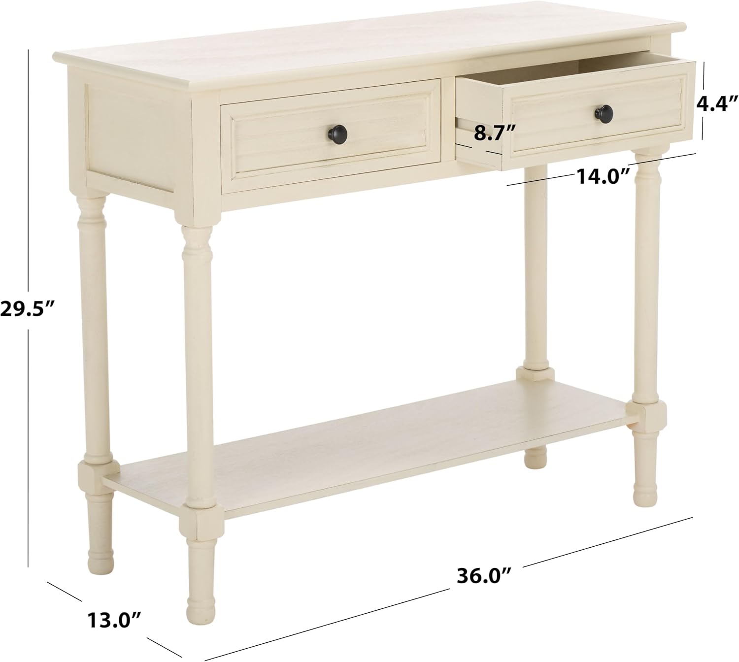 SAFAVIEH Home Collection – Tate Distressed White 2-Drawer Console Table with Shelf, Turned Leg Farmhouse Accent Console for Entryway or Living Room (CNS5720A)