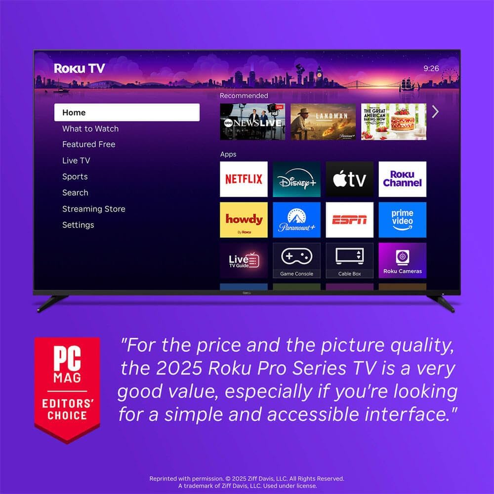Roku 55 Inch Class Pro Series 4K QLED Mini-LED Smart TV with HDR, Voice Remote, Wi-Fi 6, Dolby Vision, 12 Month CPS Warranty, HDMI Cable and Screen Cleaner for Home Entertainment Streaming (65)