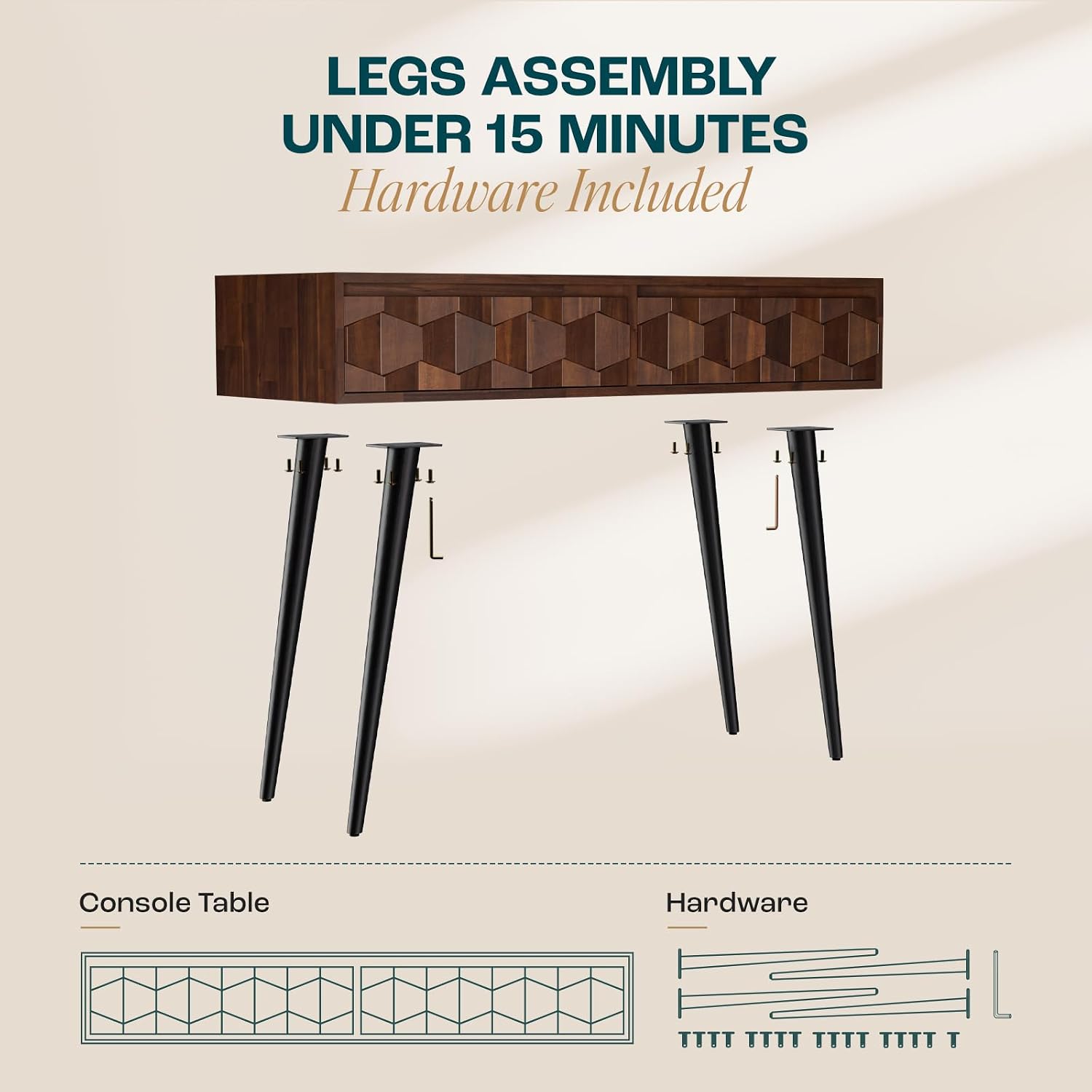 Bme Console Modern Mid-Century 2 Drawers, Unique Geometric Design Sofa Table for Entryway, Hallway, Living Room, Walnut