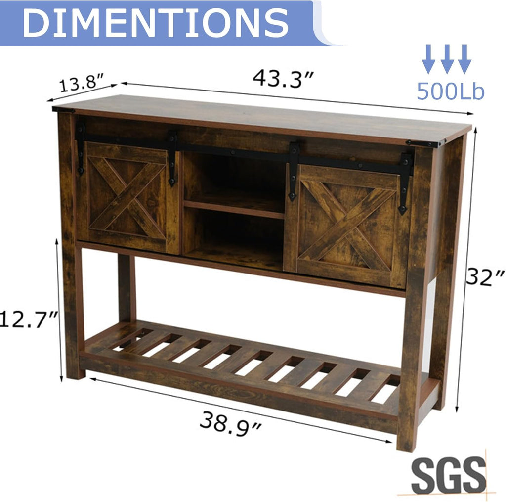 Farmhouse Entryway Table with Sliding Barn Doors, Wood Console Table with Storage Shelf, Rustic Sofa Table for Living Room, Entryway, Foyer, Brown