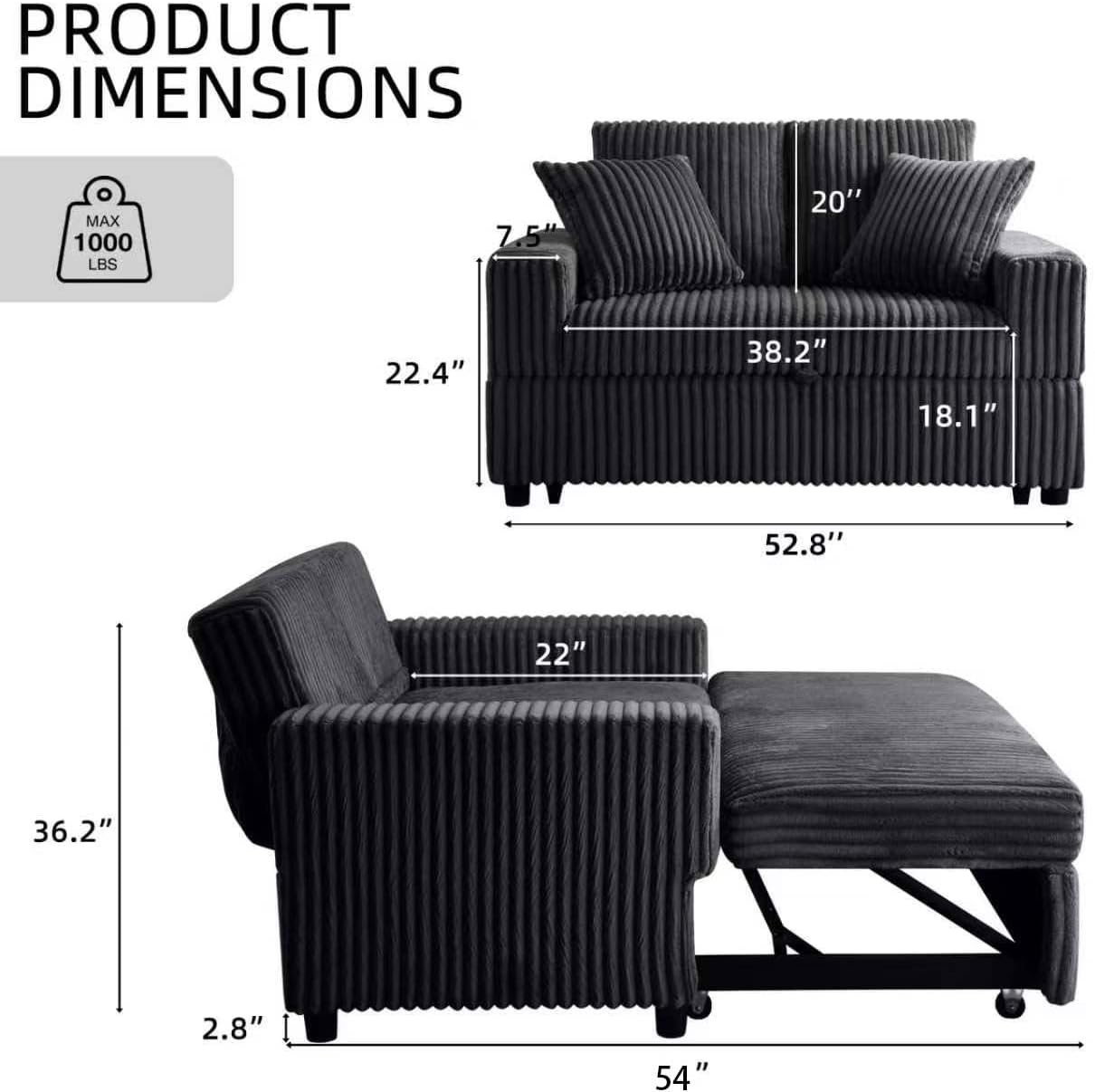 3 in 1 Convertible Sofa Bed，52.8' Pull Out Couch with Side Pockets，Modern Corduroy Fabric Loveseat Sleeper Sofa with Adjustable Backrest for Living Room Bedroom Apartment (Black Corduroy)