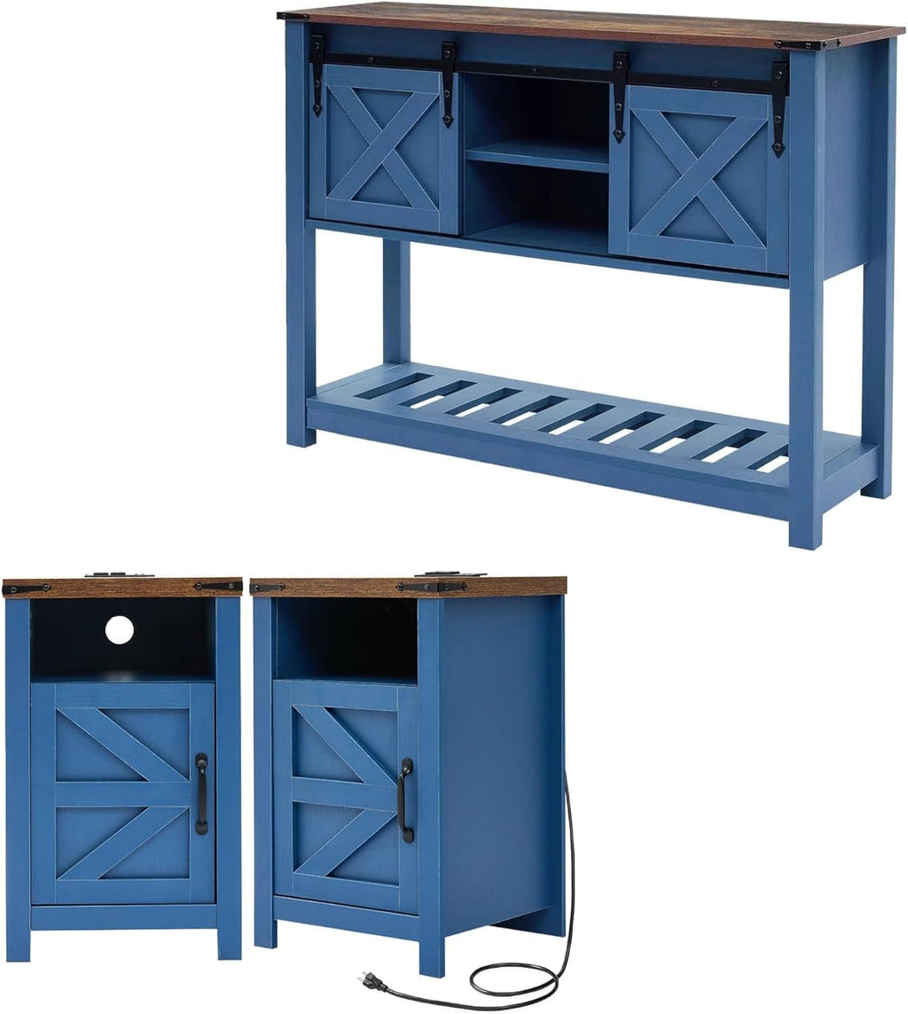 Farmhouse Entryway Table Set of 3, Console Table with Storage and 2 End Tables, Rustic Sofa Table Set for Living Room, Hallway, Bedroom, Blue