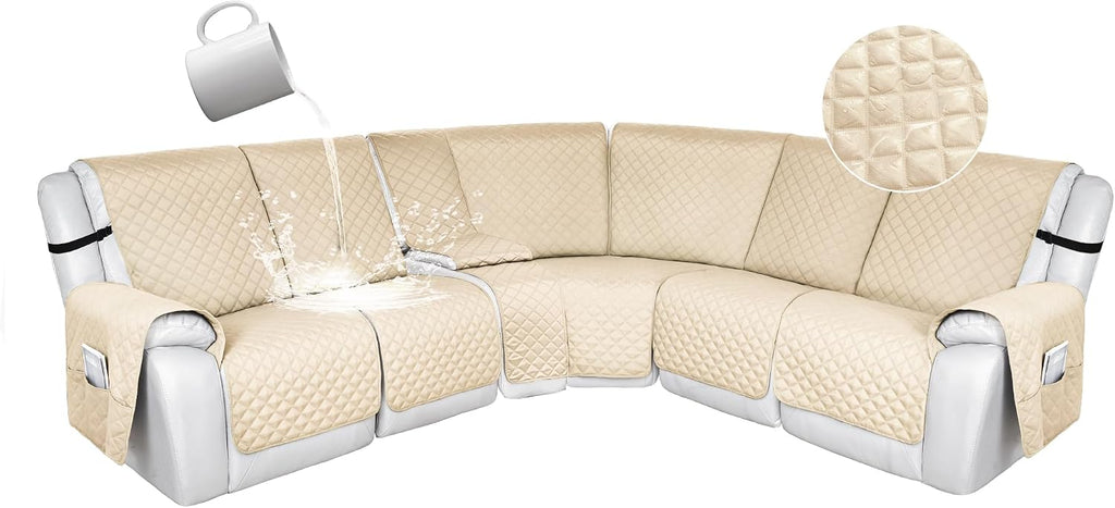 HDCAXKJ 100% Waterproof Reclining Sectional Couch Covers L Shape Recliner Sofa Cover Washable Quilted Soft Pet Corner Recliner Slipcovers with Pockets (XXL 5 Seat and 1 Middle Console, Light Beige)