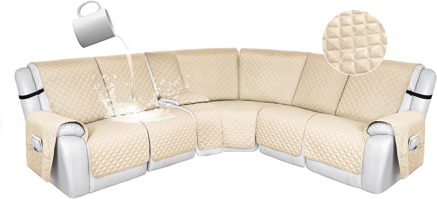 HDCAXKJ 100% Waterproof Reclining Sectional Couch Covers L Shape Recliner Sofa Cover Washable Quilted Soft Pet Corner Recliner Slipcovers with Pockets (XXL 5 Seat and 1 Middle Console, Light Beige)