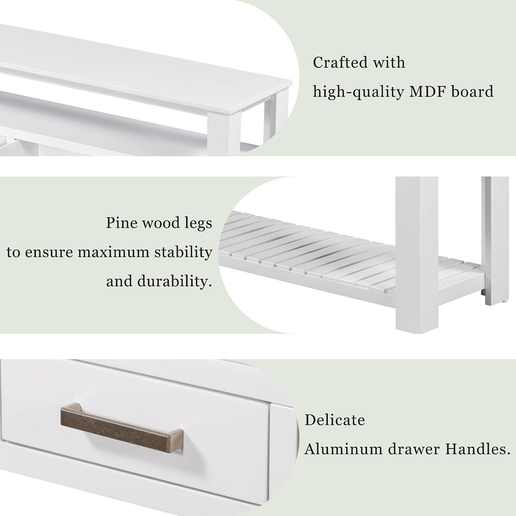 62 in White Console Table with 4 Drawers and 3-Tier Storage Shelves, Wood Modern Sofa Table Entryway Table Side Table for Entry Way, Hallway, Couch, Living Room, Kitchen, Foyer