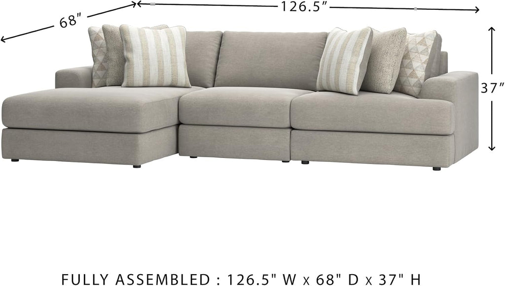 Signature Design by Ashley Avaliyah Casual L-Shaped 3-Piece Sectional with Chaise with Reversible Cushions and 6 Accent Pillows, Light Gray