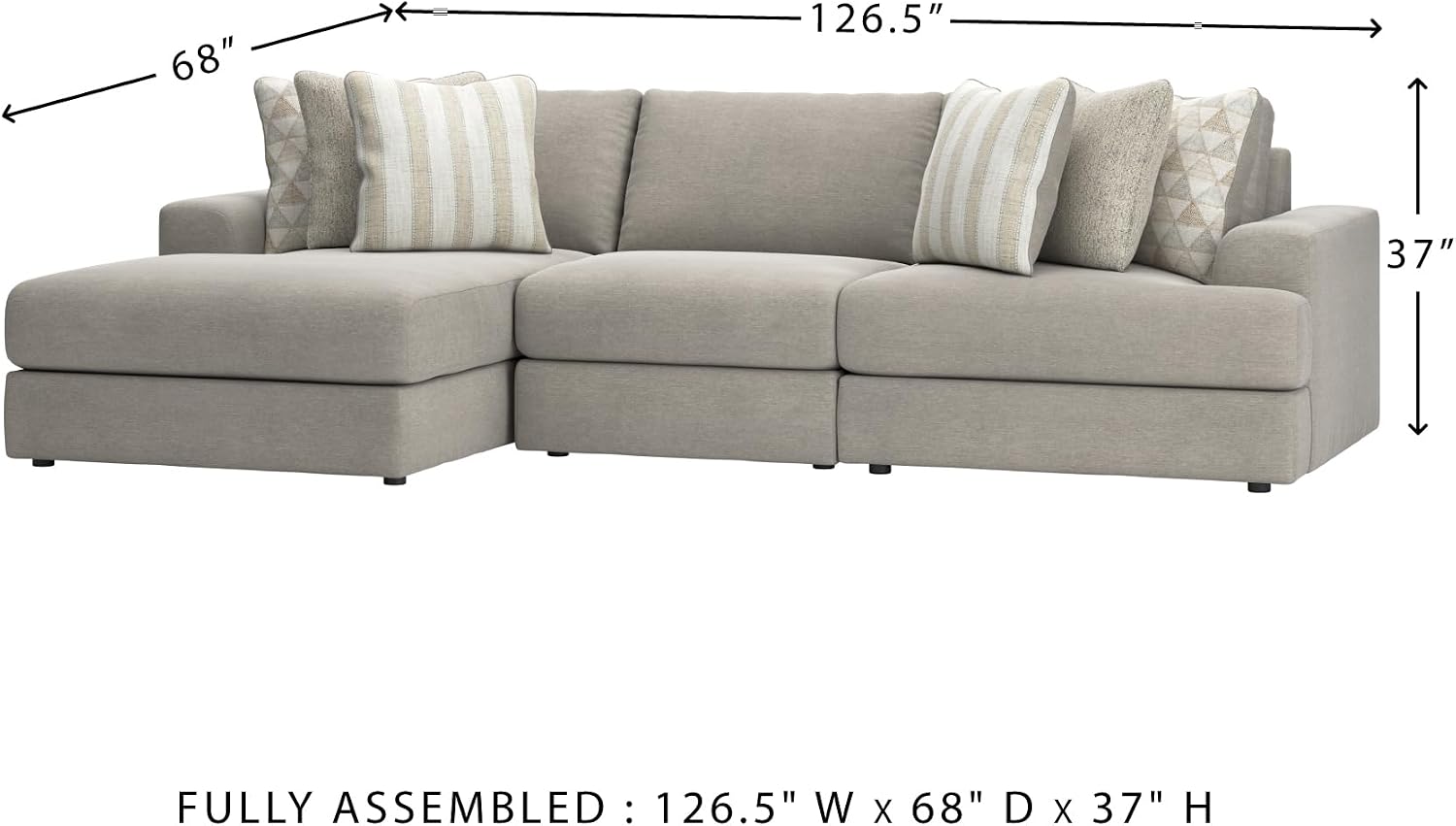 Signature Design by Ashley Avaliyah Casual L-Shaped 3-Piece Sectional with Chaise with Reversible Cushions and 6 Accent Pillows, Light Gray