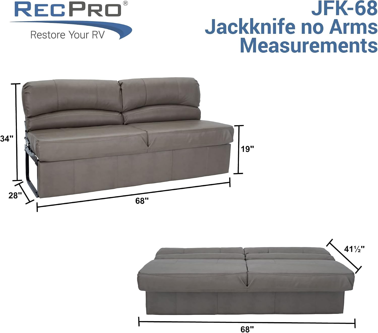 RecPro Charles RV Jackknife Sofa | Love Seat | Sleeper Sofa | Length Options 62', 68', 72' | 11' Legs and Hardware Included (68 Inch, Gunmetal)