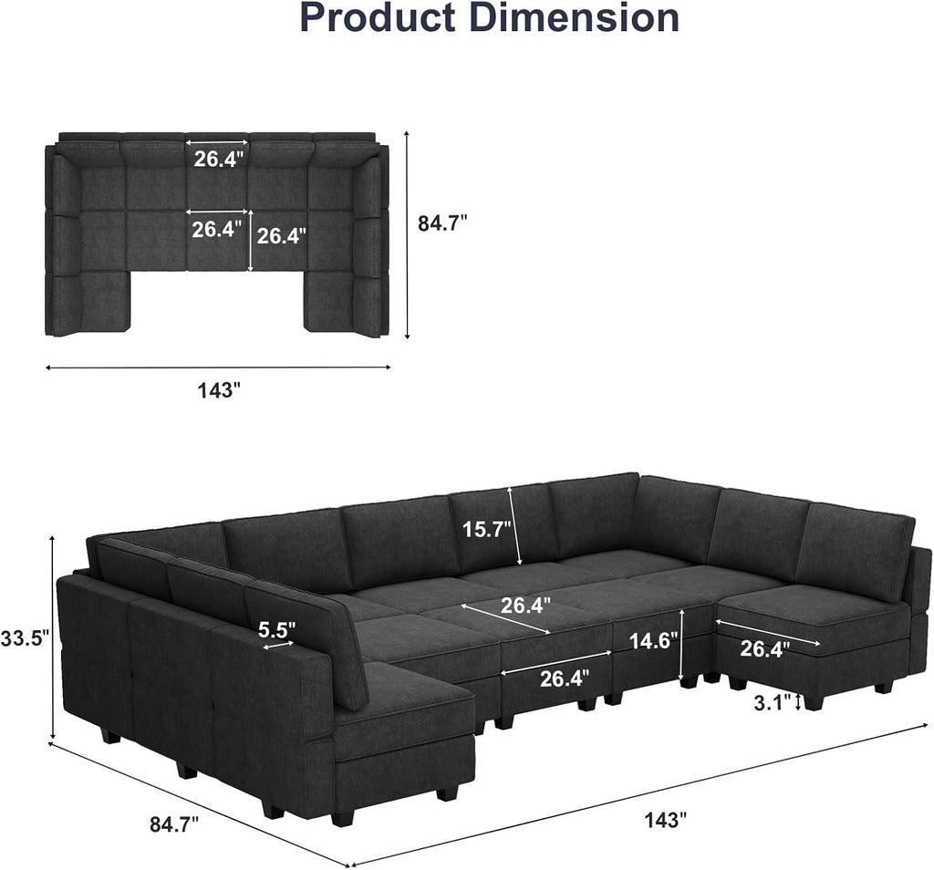 Belffin Large Modualr Sectional Sleeper Sofa Bed Oversized U Shaped Sectional Couch Set with Storage. Black Couch