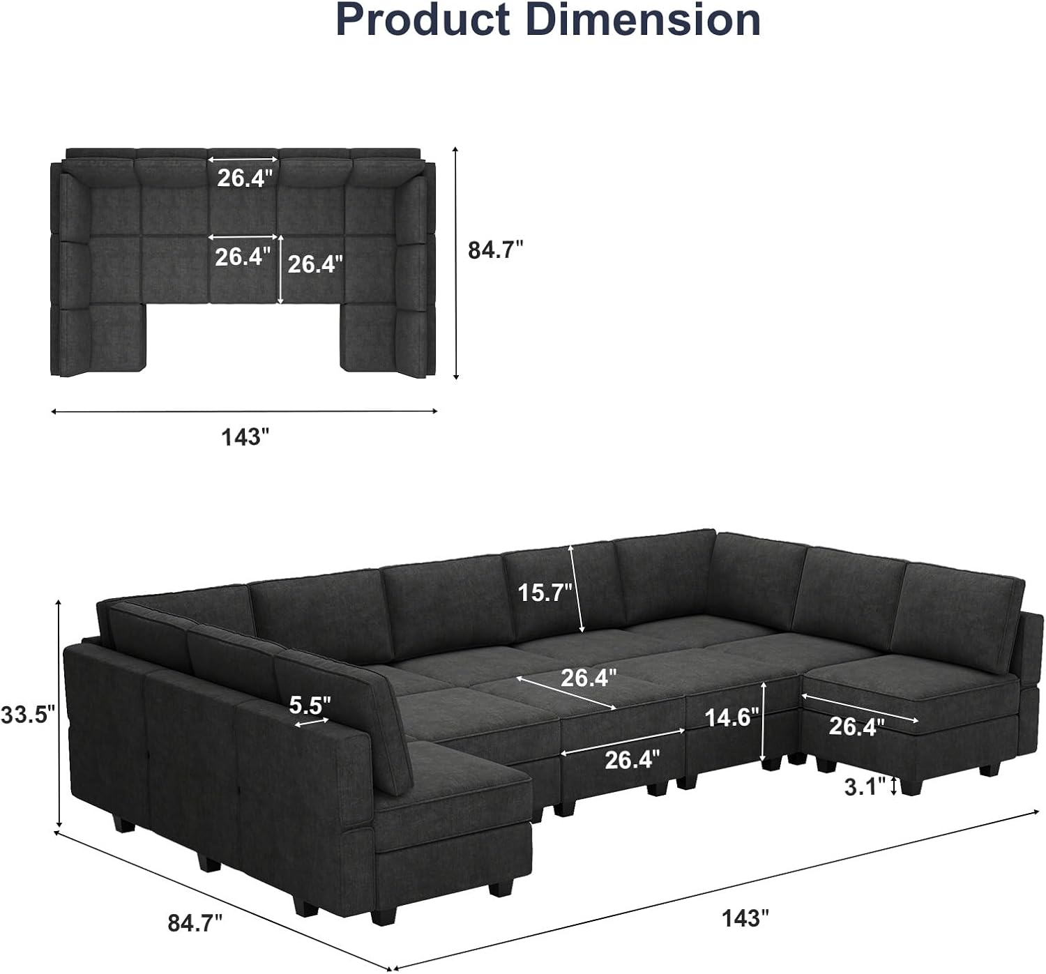 Belffin Large Modualr Sectional Sleeper Sofa Bed Oversized U Shaped Sectional Couch Set with Storage. Black Couch