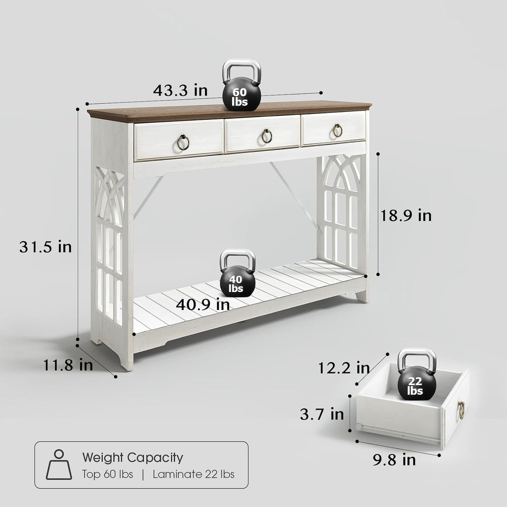 JOINICE,43' Console Tables with Drawers,Farmhouse Entryway Table with Shelf and Solid Wood Legs,Narrow Long Rustic Vintage Sofa Foyer Tables for Entryway,White