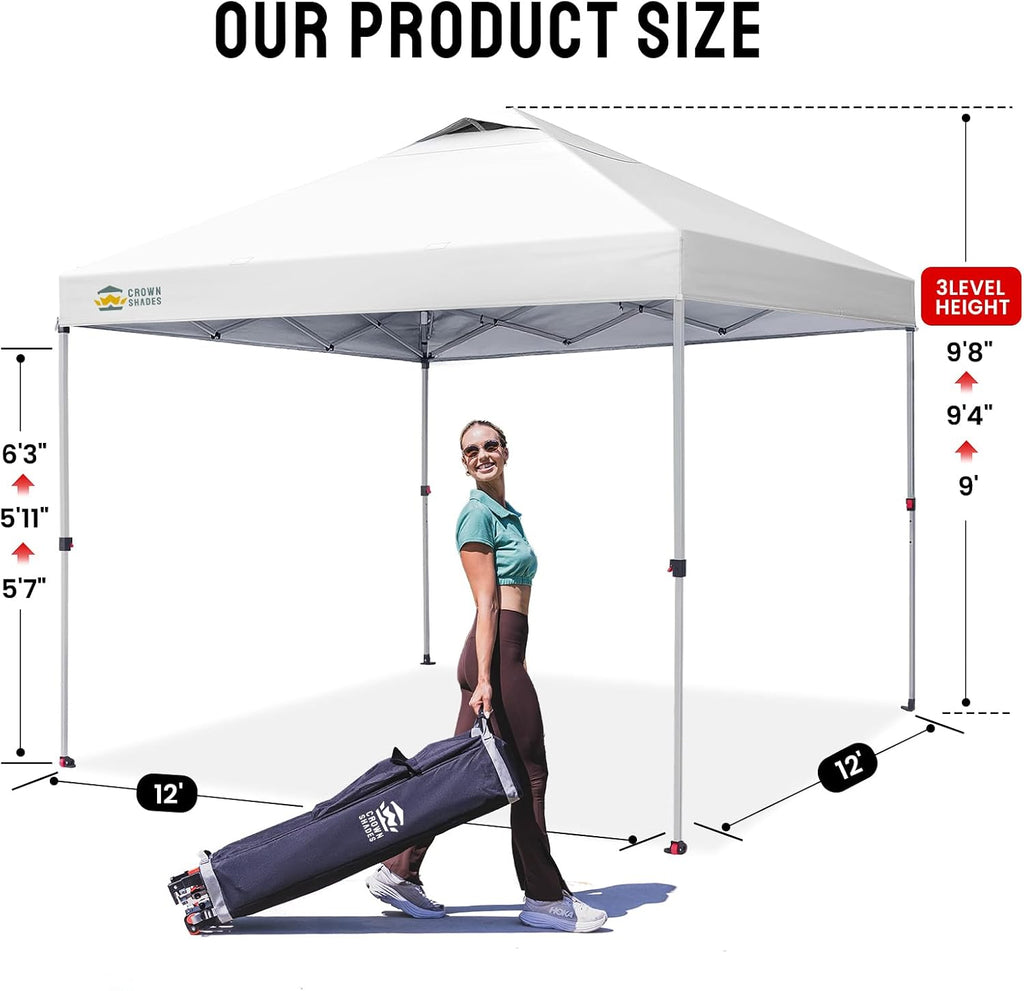 CROWN SHADES 12x12 Pop Up Canopy Outside Canopy, Patented One Push Tent Canopy with Wheeled Carry Bag, Bonus 8 Stakes and 4 Ropes, White