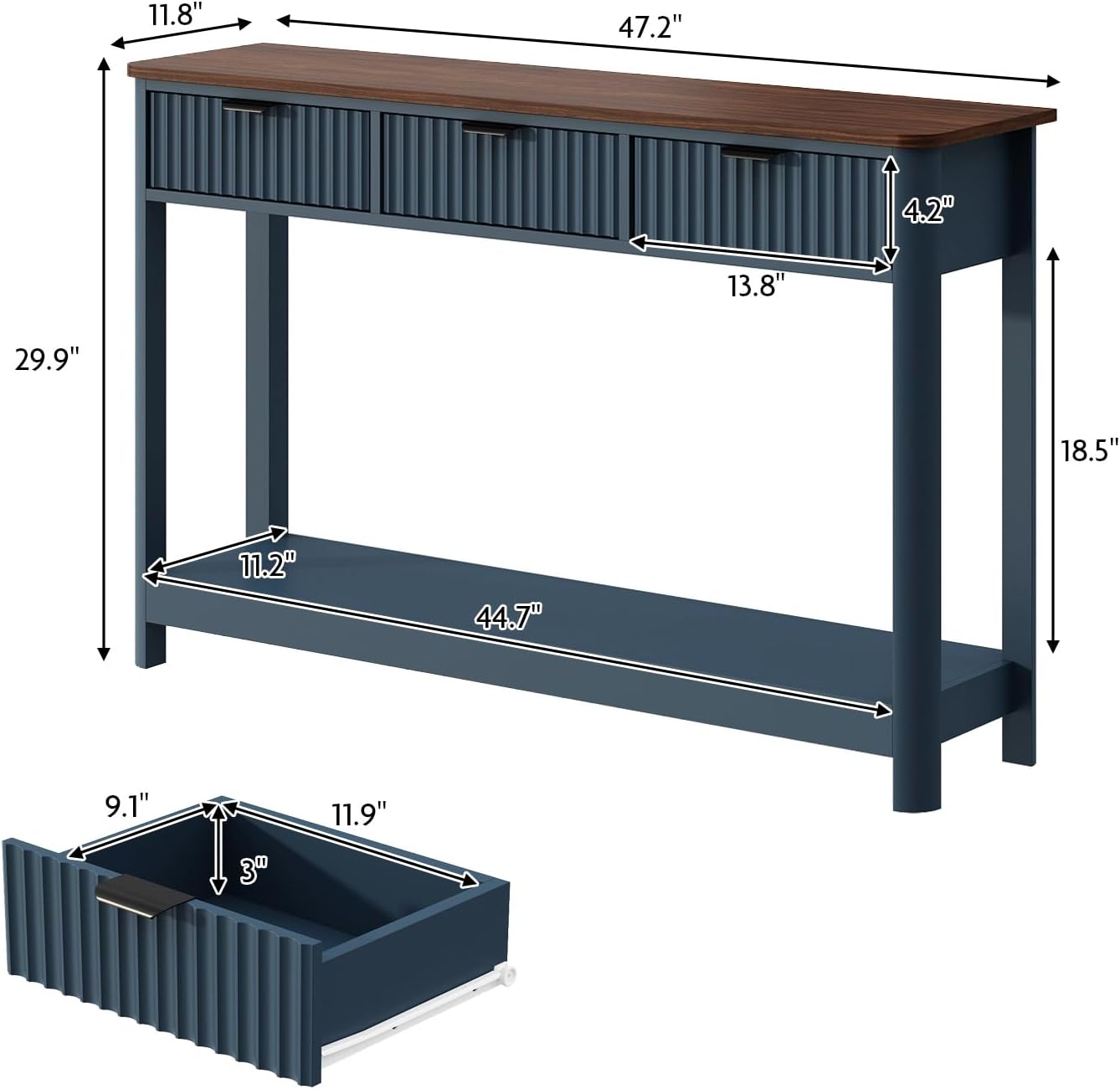 HOKYHOKY Fluted Console Table with Drawers, Modern 47.1' Entryway Table with Storage Shelf, Boho Narrow Skinny Behind Couch Wood Sofa Table for Living Room Hallway Entrance Foyer, Blue