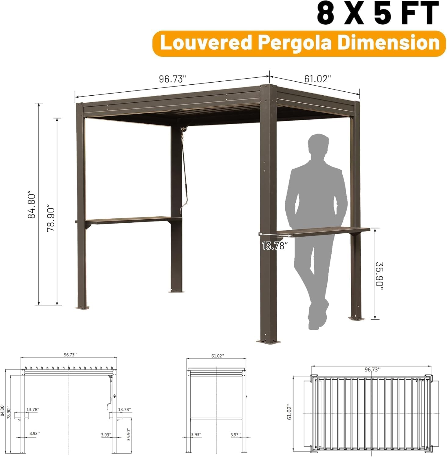 8x5 FT Grill Louvered Pergola for Outdoor Grill, Hardtop Grill Pergola with Built-in Gutter & Adjustable Rainproof Roof, Metal Shelter Gazebo for Patio Backyard Deck -Brown