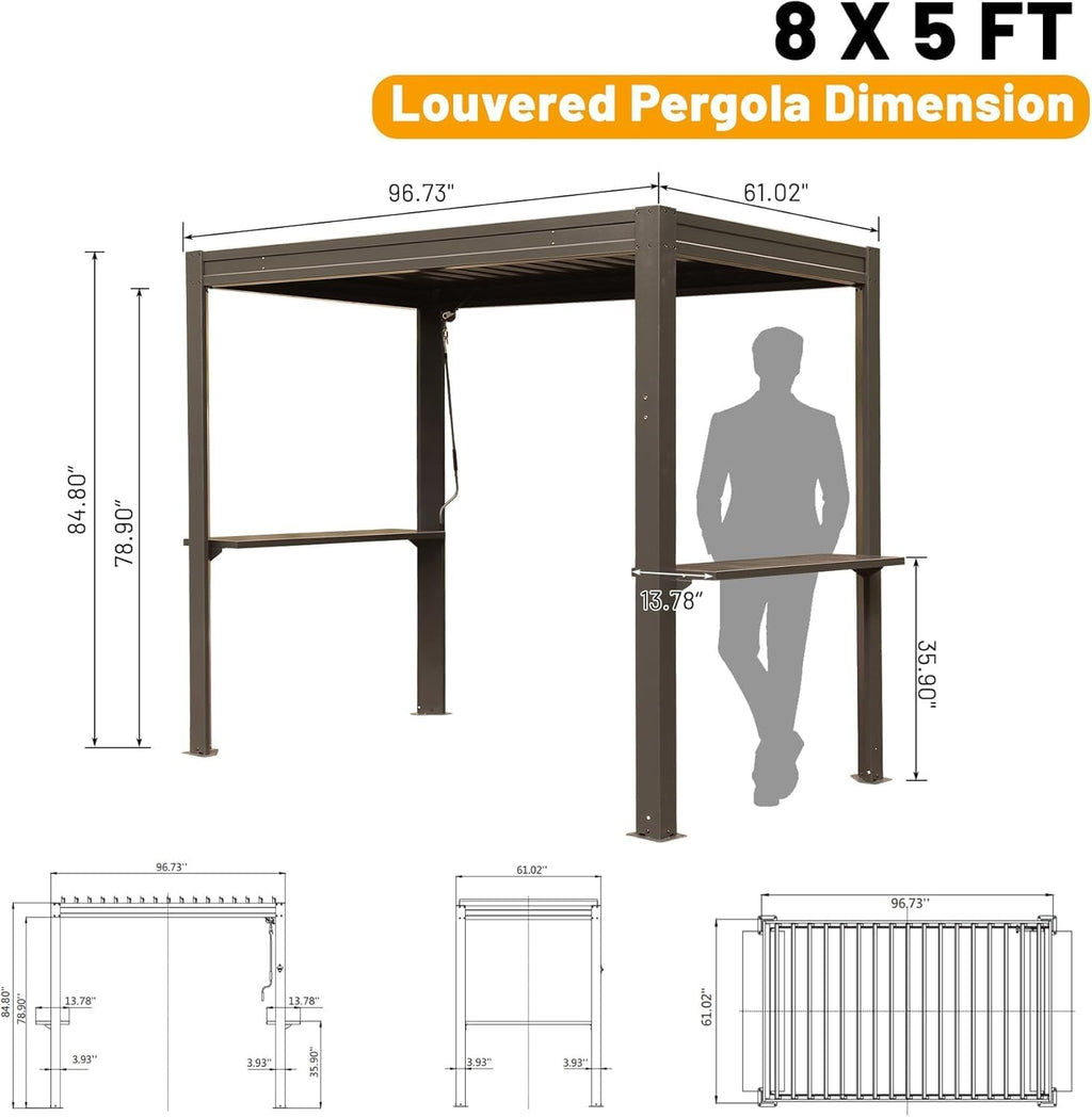 GOWE 8x5 FT Grill Louvered Pergola for Outdoor Grill, Hardtop Grill Pergola with Built-in Gutter & Adjustable Rainproof Roof, Metal Shelter Gazebo for Patio Backyard Deck -Brown