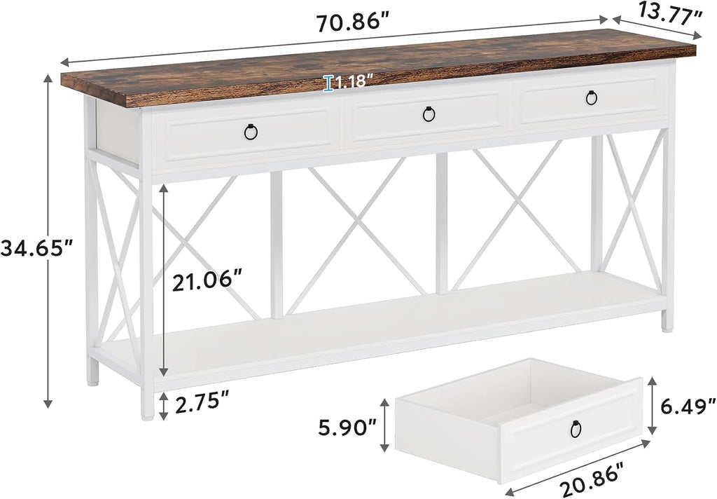 Tribesigns 70.8' Console Table with 3 Drawers, Farmhouse Entryway Table with Storage Shelf, Narrow Long Sofa Foyer Table for Entryway, Hallway (White/Brown)