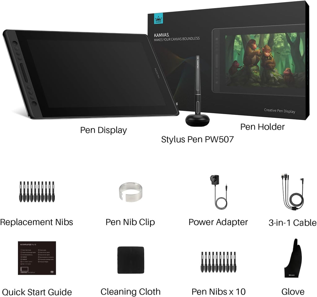 HUION KAMVAS Pro 16 Graphics Drawing Tablet with Screen Full-Laminated Graphics Monitor with Battery-Free Stylus Tilt 8192 Pen Pressure 6 Hot Keys Touch Bar - 15.6inch Graphic Tablet for PC/MAC/Linux