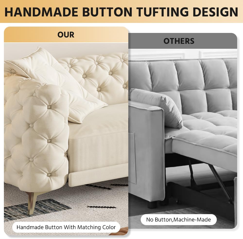 97.7'' Pull Out Sofa Bed King, Chesterfield Velvet Sleeper Sofa, Convertible L-Shaped Futon Couch, Tufted Back, 2 Pillows, Ottoman, Deep Seat Loveseat Couches for Living Room, Apartment, Beige