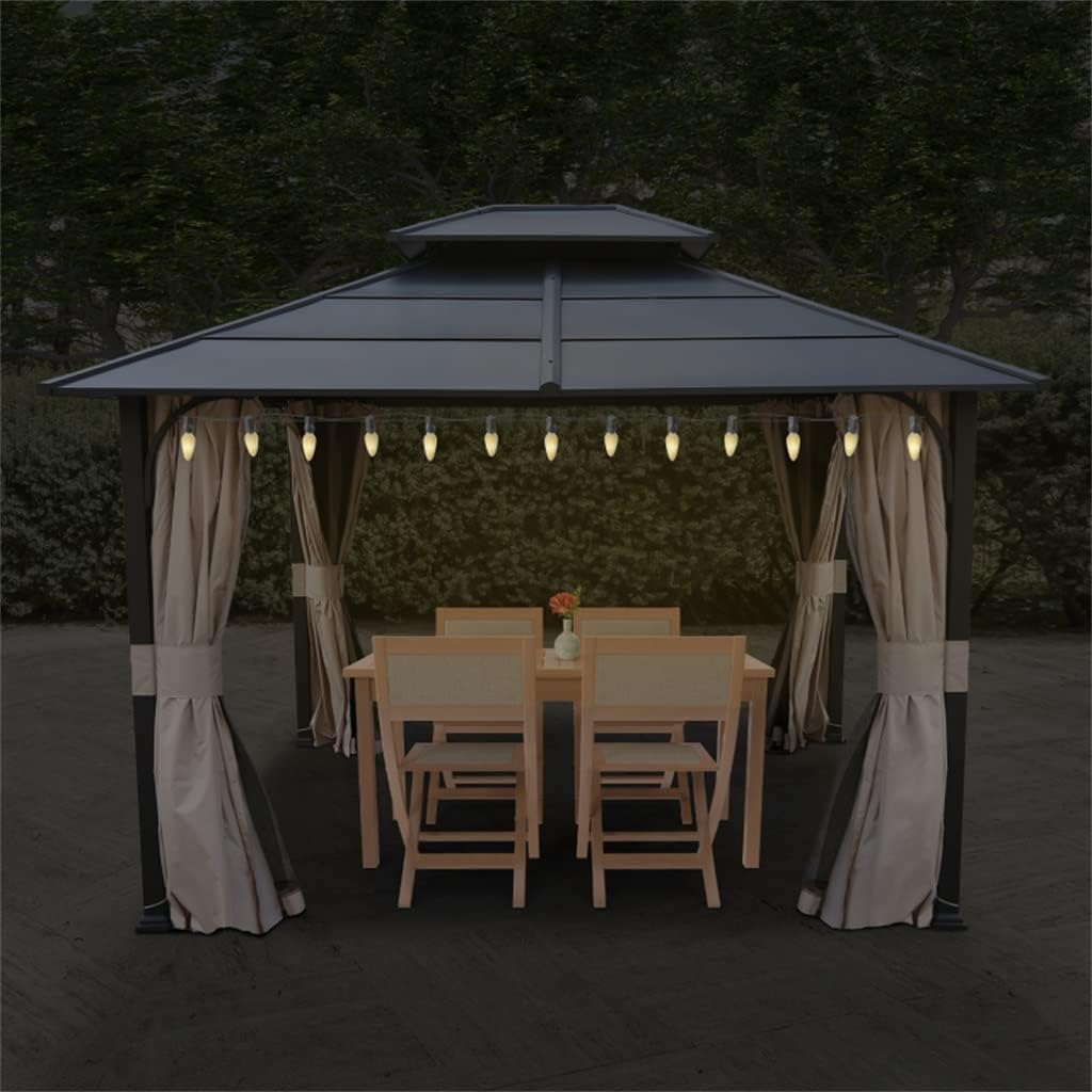 12 Ft. W X 14 D Metal Black 2-Tier Roof Patio Gazebo with Curtains and Netting(12 ft. x 10 ft)