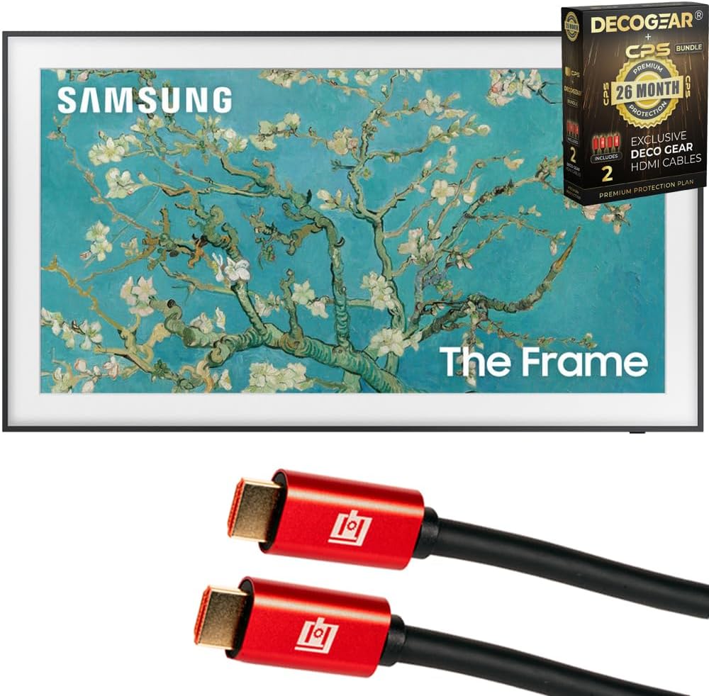 Samsung QN32LS03CB 32 inch The Frame QLED HDR 4K Smart TV (2023) Bundle with Deco Gear 4K HDMI 2.0 Cable w/Pure Copper Conductors x2 & CPS Exclusive 26 Months Protection Pack (BEACH-CPS-26M1000)