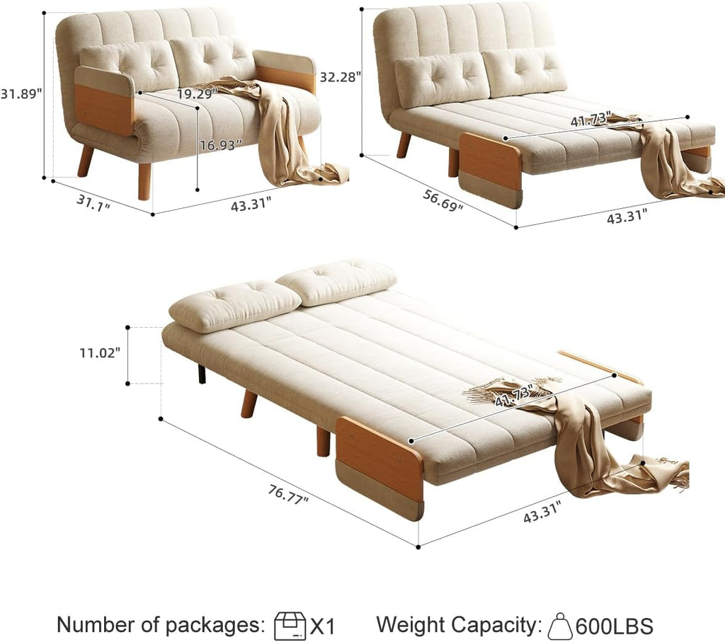 Convertible Lounger Fold-Out Sofa Bed, 3-in-1 Sleeper Sofa，Adjustable Backrest, Modern-Style Sofa for Small Spaces, Bedrooms & Offices(Beige,43.31)
