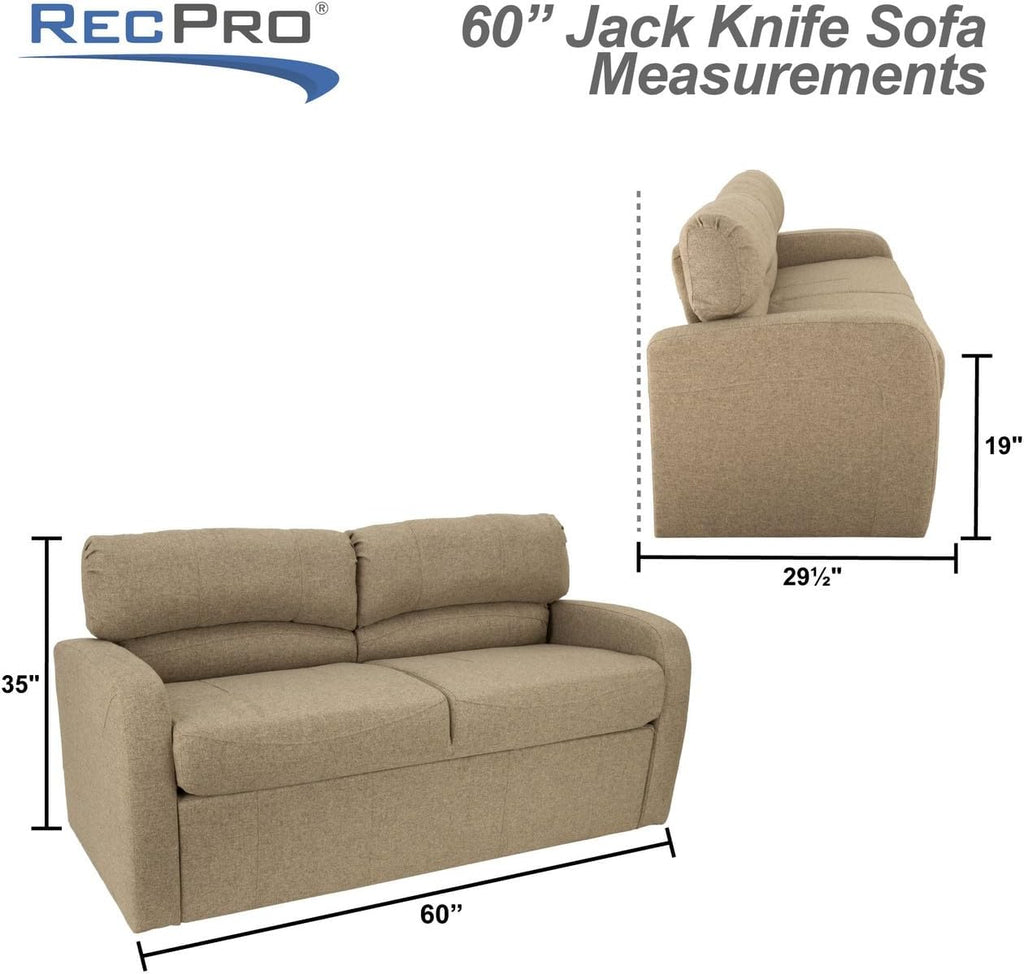 RecPro 60' RV Jack Knife Sofa with Arms | RV Sleeper Sofa | Camper Couch | Slideout Living Room Furniture | Cloth (Fossil)