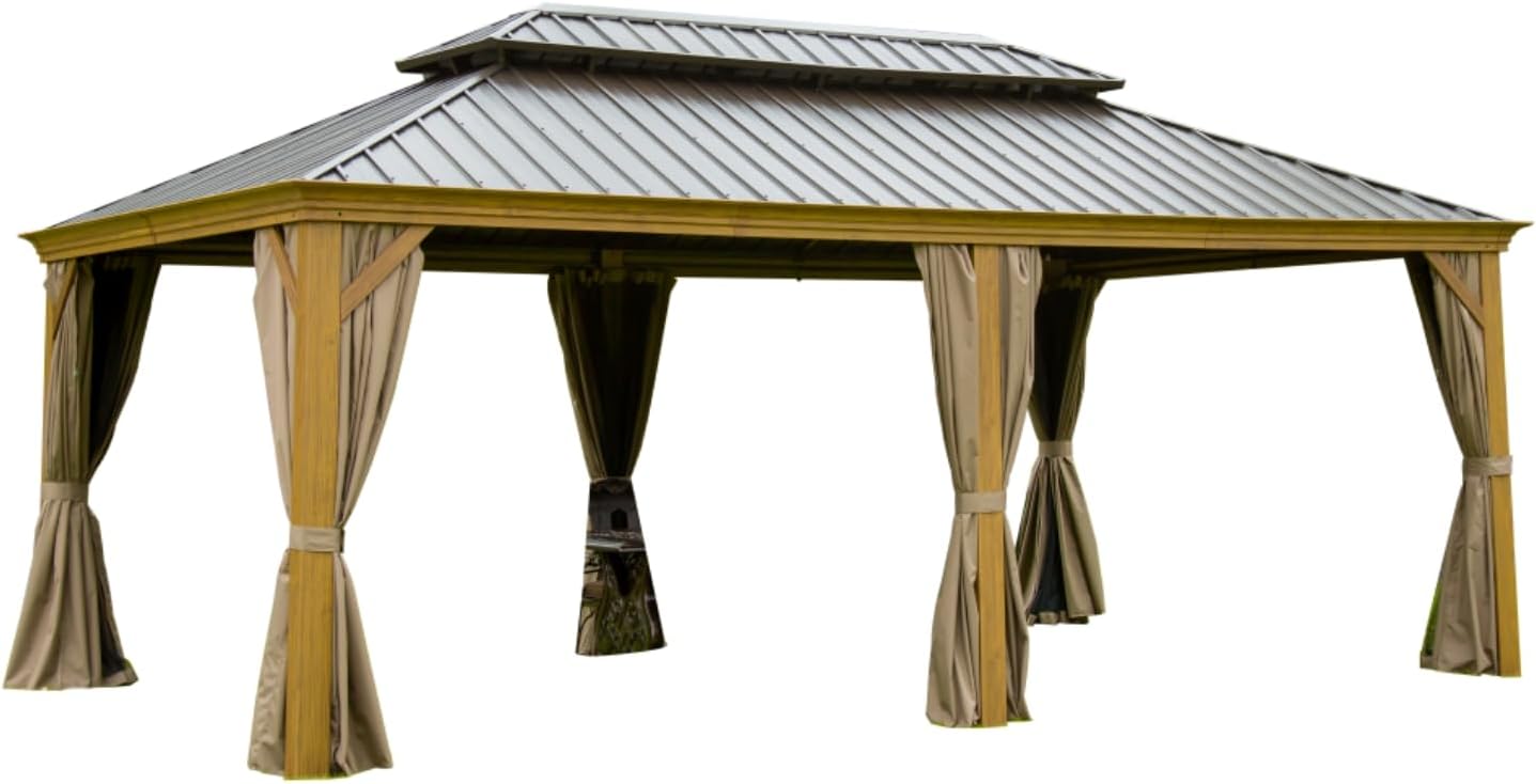 14x20FT Hardtop Gazebo, Permanent Metal Gazebo with Galvanized Steel Double Roof and Aluminum Frame, Curtain and Netting, Large Pavilion Gazebo, Wood Looking