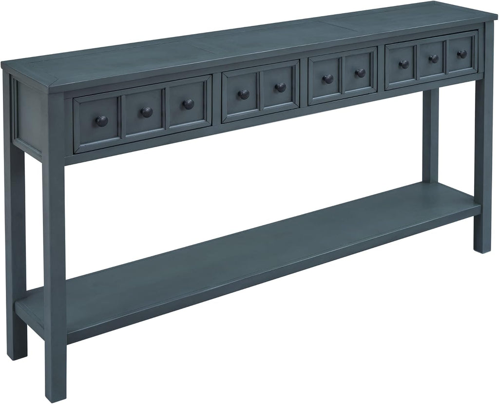 Merax Farmhouse Entryway Console Table with 4 Drawers and Shelf, Sofa Table Behind Couch, Navy Blue