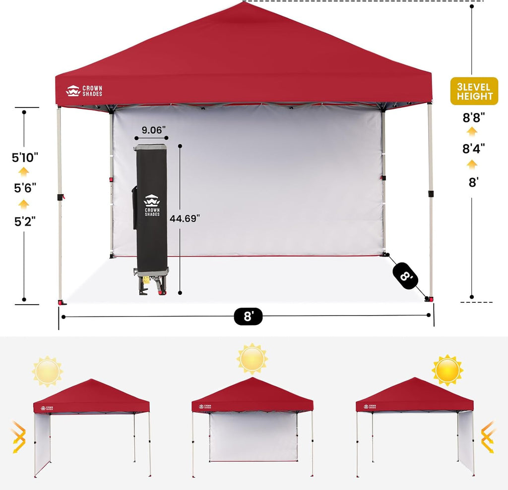 CROWN SHADES Pop Up Canopy with 1 Side Wall - Beach Tent with One Push Setup - Outdoor Sun Shade for Events, Parties, Camping - Gazebo with STO-N-Go Cover Bag, Red, 8x8FT