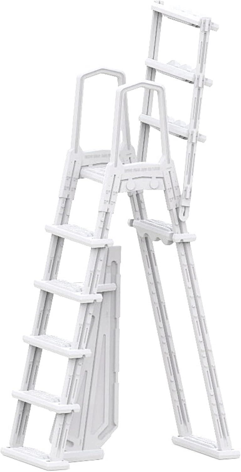 HYDROTOOLS By SWIMLINE 87975 Premium A-Frame Ladder Entry Exit System With Handrails For Above Ground Pools | 48 To 54 Inch Height | With Flip Up Ladder, Slide Lock Safety Barrier & XL Non Slip Treads