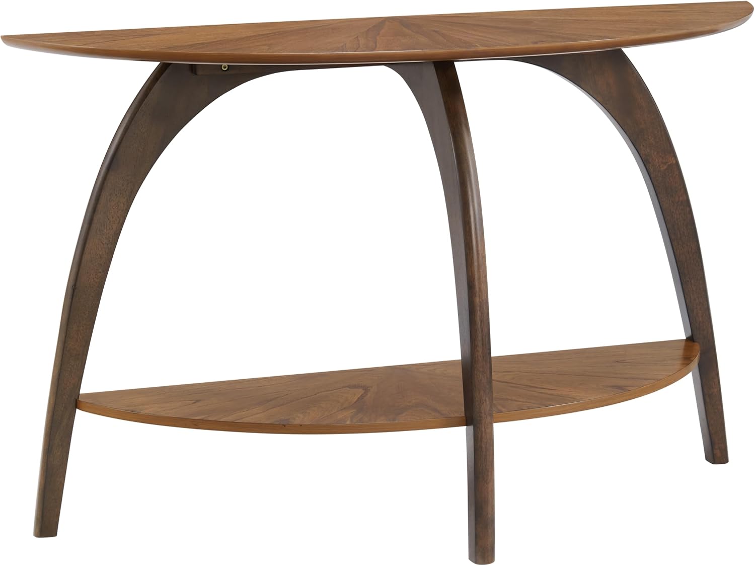 Retro Mid-Century Modern Half-Moon Wood Sofa Table with Lower Shelf, Console Table for Living Room or Entryway. Nutmeg Brown Top with Espresso Brown Legs