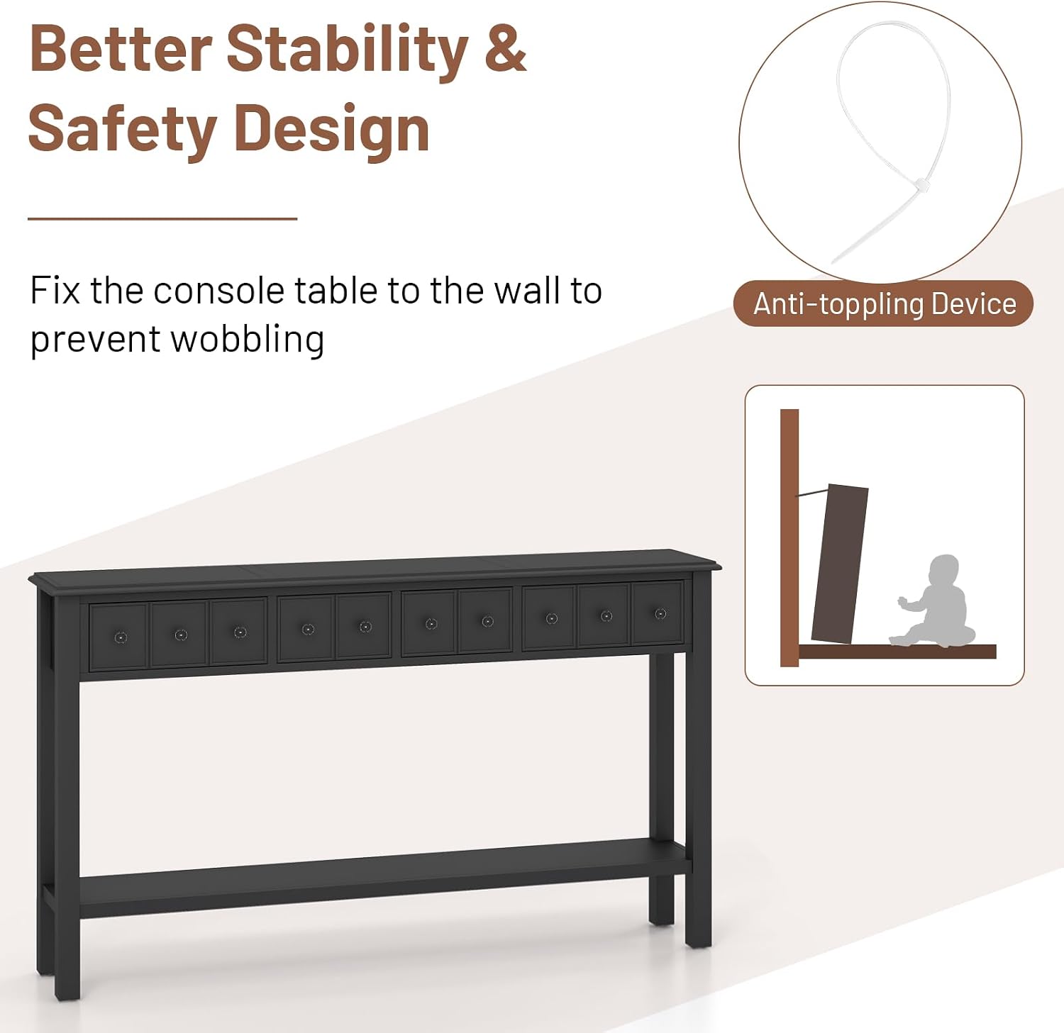 Giantex Narrow Console Table with Storage - 60' Long Sofa Side Table w/ 4 Drawers & Open Shelf, Solid Wood Legs, Rectangular Entry Table, Retro Entryway Table for Living Room Hallway, Foyer, Black