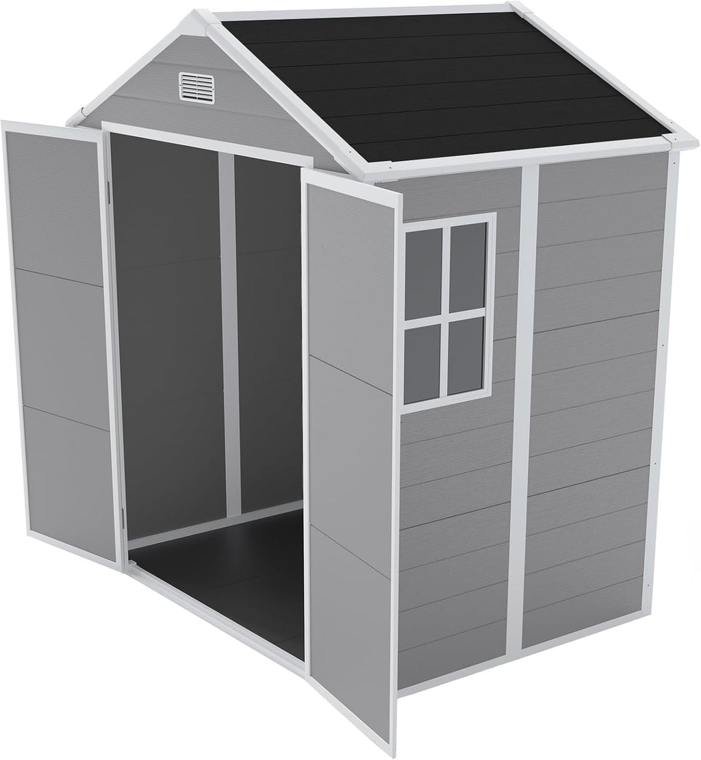 YOPTO 6x5 FT Resin Outdoor Storage Shed with Floor, All-Weather Plastic Shed with Lockable Doors, Window & Vents, Utility Plastic Tool Shed Storage House for Backyard, Patio, Light Grey