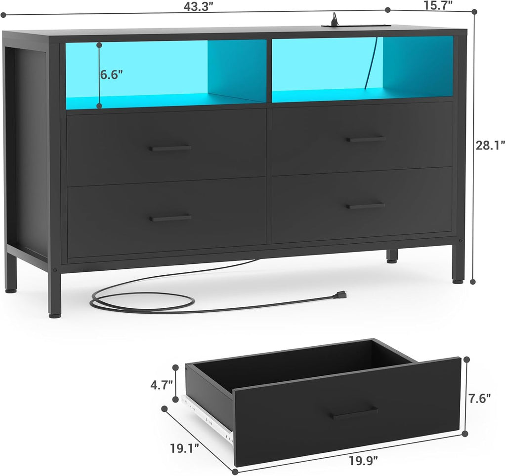 TV Stand Dresser with Power Outlets and LED Lights, 4 Wood Drawers Dresser, Entertainment Center with 2 Open Storage Shelf, Media Console Table for 50 43 Inch TV, Black