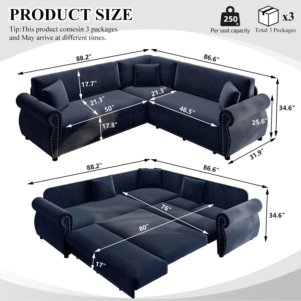 88'' Sleeper Sofa Bed Queen, L Shaped Sectional Sofa with Pull Out Couch Bed, Chenille 5 Seater Couch with Nailhead Trim & Rolled Arm, Sectional Couches for Living Room Furniture Set, Blue