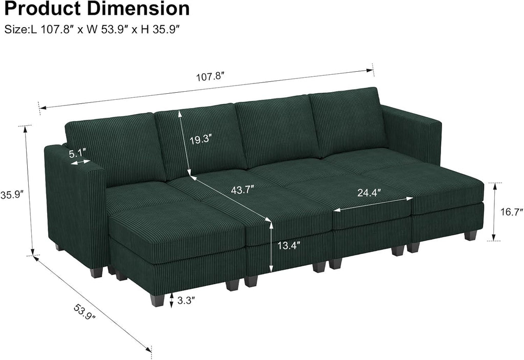 Belffin Oversized Modular Sectional Sleeper Couch, Corduroy Luxury Sectional Sofa with Storage Ottoman, Convertible Modern Sectional for Living Room, Green