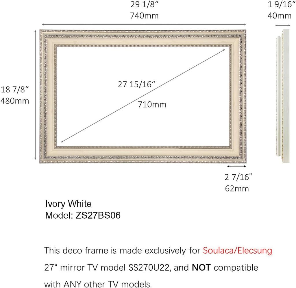 Soulaca 27 inches Smart Mirror with Antique Ivory Color Frame TV Waterproof IP65 SPA Fireplace Wall Mount Decoration Built-in Voice Control WiFi Bluetooth Entertainment Gallery Makeup Mirror