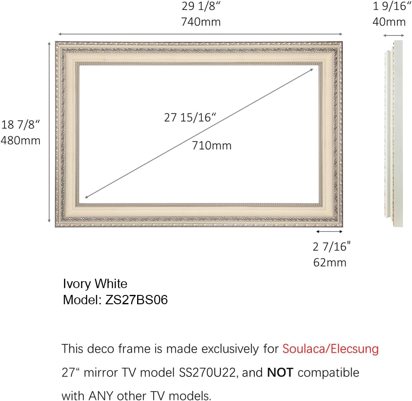 Soulaca 27 inches Smart Mirror with Antique Ivory Color Frame TV Waterproof IP65 SPA Fireplace Wall Mount Decoration Built-in Voice Control WiFi Bluetooth Entertainment Gallery Makeup Mirror