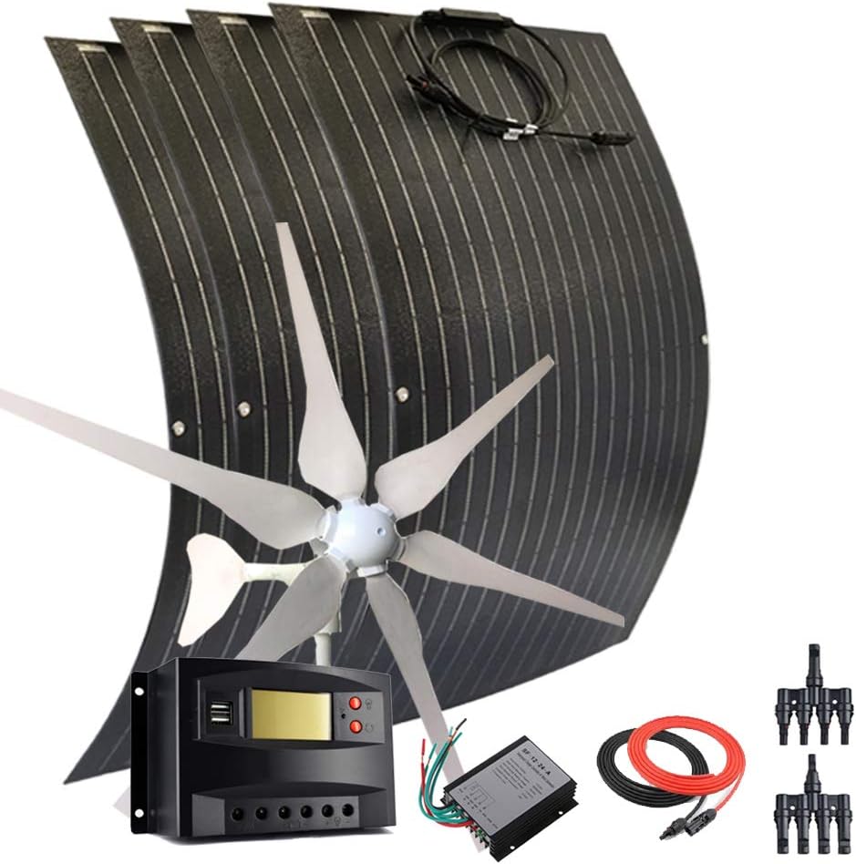 800W Wind Solar Hybrid System for Mobile Home:400W Wind Turbine Generator/4pcs 100W etfe Flexible Solar Panels Monocrystalline/40A Charge Controller/Cable/Connector