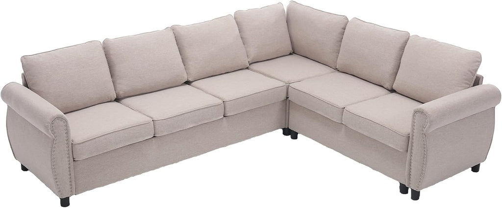 104'' Pull Out Couch, Convertible Sleeper Sofa Bed Queen, Upholstered Sectional Sofa with Mattress, 6-Seater L-Shaped Couch, Modern Sectional Couches for Living Room, Apartment, Studio, Beige