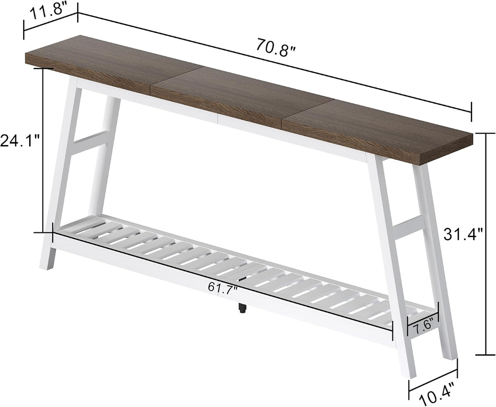 ChooChoo 70.9 Inch Long Console Tables for Entryway, Wood 2-Tier Entry Hallway Table, Narrow Sofa Table Behind Couch Table for Living Room, Entrance, White & Brown