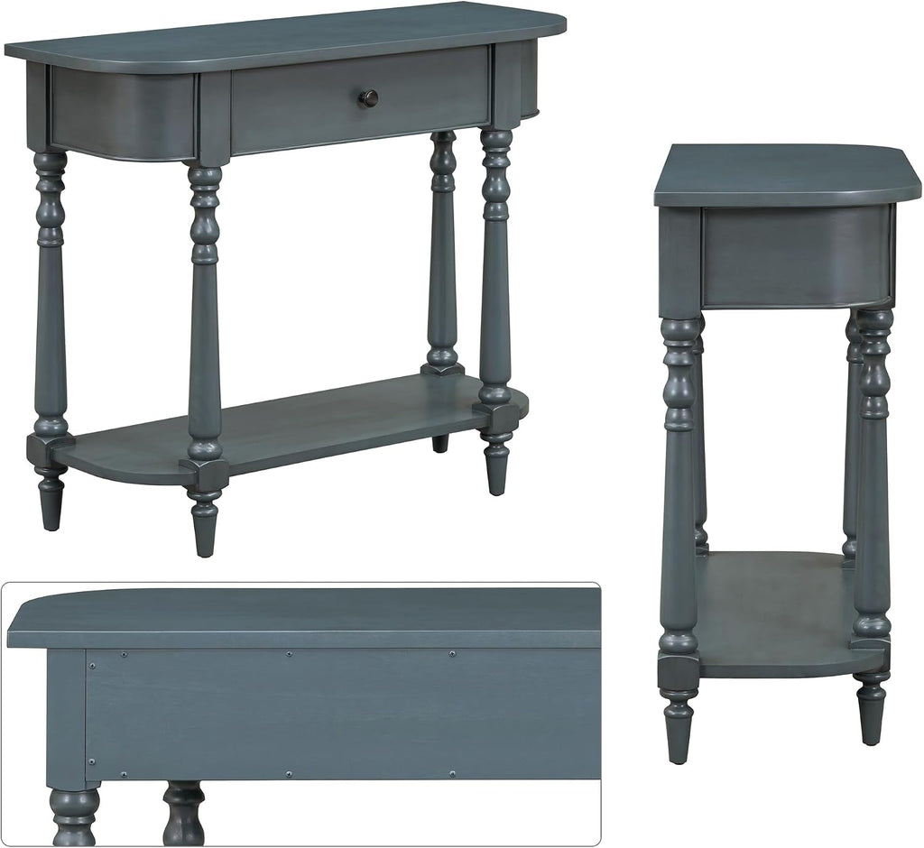 Small Curved Console Table 36-Inch Retro Farmhouse Entryway Sofa Table with Drawer & Storage Shelf for Entry Hallway Foyer Living Room Furniture, Solid Wood Legs, Space-Saving, Navy